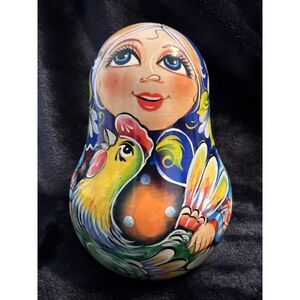 VTG Russian/Ukraine Roly‎ Poly Doll Chime Bell Hand Painted Farm Girl Blue